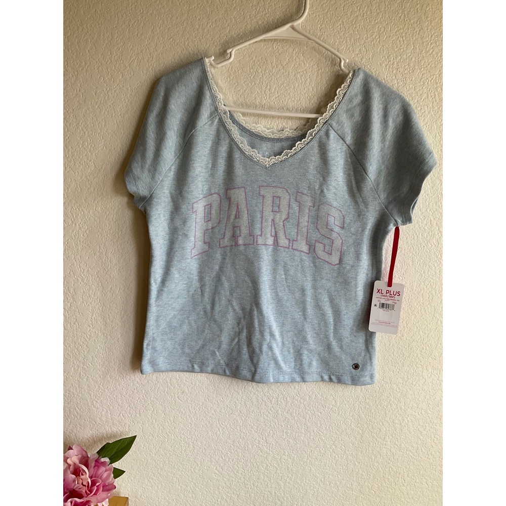 Justice XL Plus 16P/18p Paris Graphic Tee Lace Trim Blue Short Sleeve gray